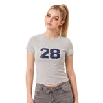 Summer Women Number Letter Print T-shirt Crew Neck Short Sleeve Slim Basic Tee Tops Fitness Sporty Casual Cropped Shirts