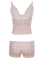 Summer Two-piece Pajamas Set for Women SleepwearFloral Lace Pink Sleeveless Camisoles and Slim Shorts Loungewear