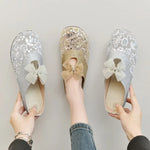 Women Mesh Sequins Slippers Outdoor Retro Slides for Girls Flat Heeled Summer Mules Female Bling Shoes with Bow Sweet Sandals