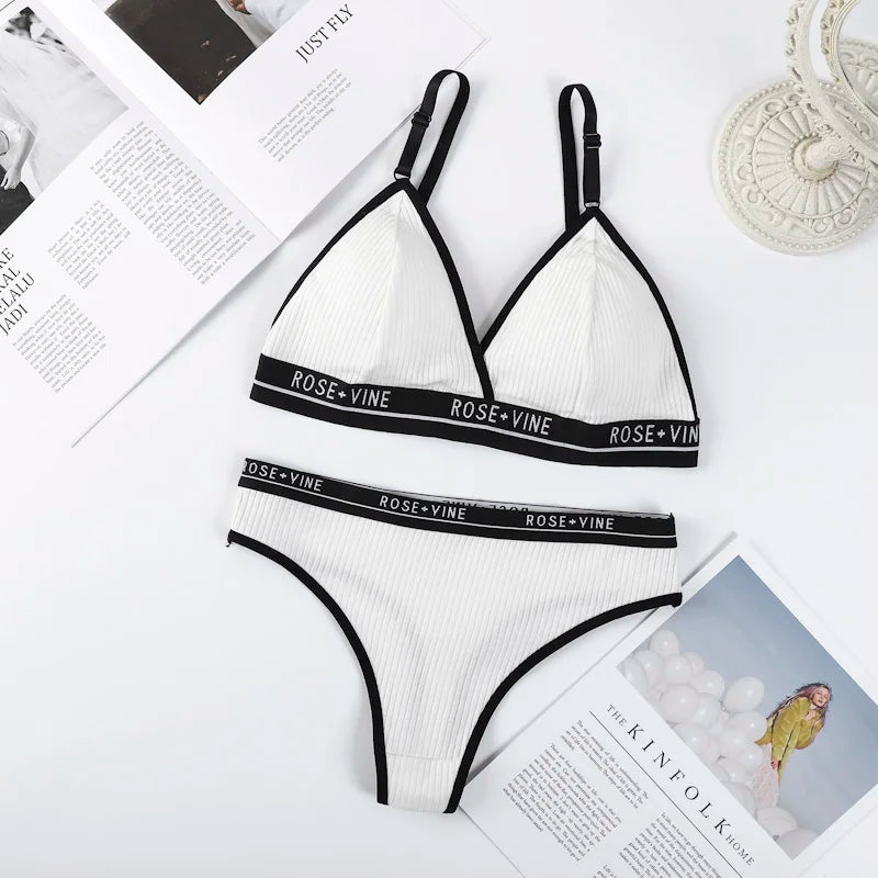 Women's Ribbed Wireless Triangle Bralette and Thong Set Low Rise Panties Daily Wear Comfort Underwear Ladies Sexy Lingerie Set