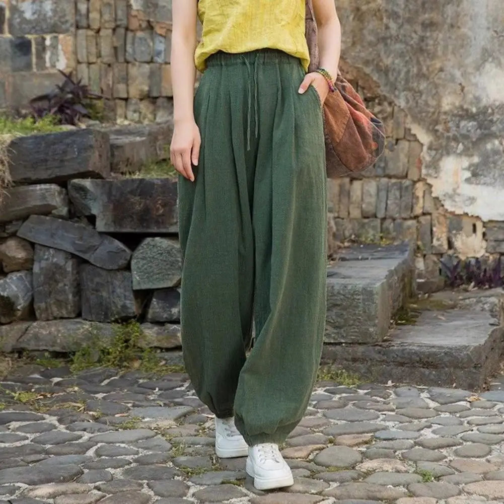 Solid Color Harem Trousers Women Casual Pants Elastic Waist Adjustable Drawstring Solid Color Wide Leg Trousers