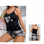 Women's new pajama suspender solid color top plaid shorts two-piece set of home wear