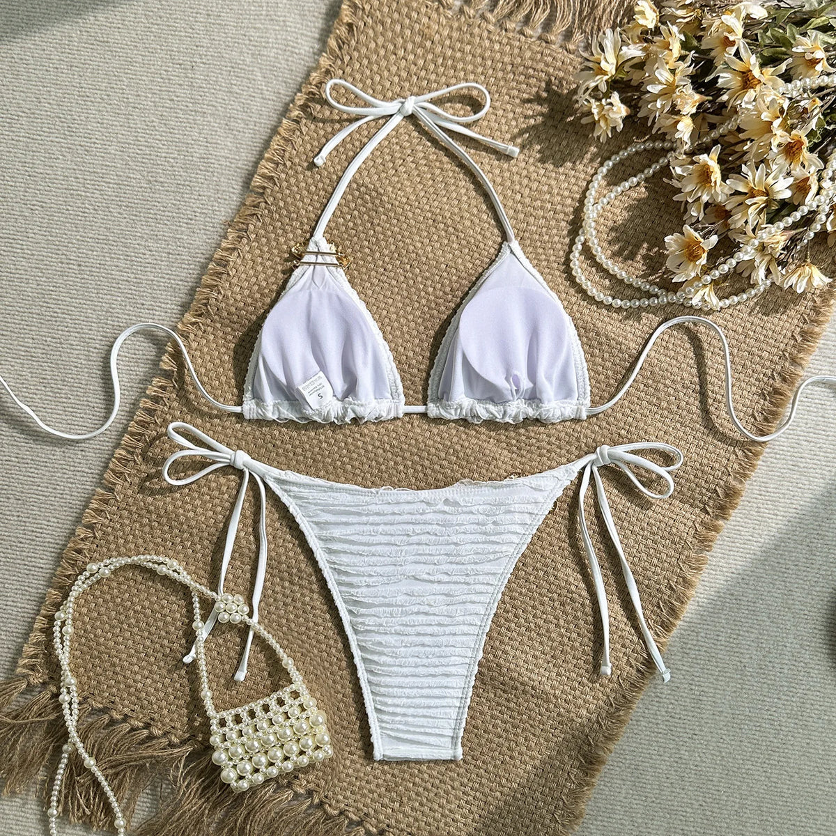 Sexy White Yellow Micro Bikini 2026 Women Metal Flower Push Up Bra Bandage Triangle Swimsuit Beach Bathing Suit Holiday Swimwear