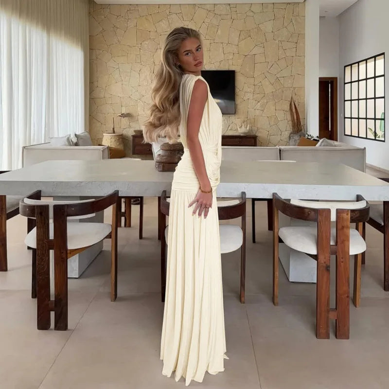 FDYOUI Womens Chic V-neck Sleeveless Pleated Long Maxi Holiday Dress Ladies Summer High Waist Tunics Solid Evening Party Dresses