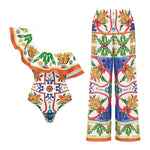 2024 Women Swimwear 2PC Cover-up Swimsuit Ruffle Solid Printed Deep V One-piece Monokini Kimono Bikini Suit Summer Beachwear