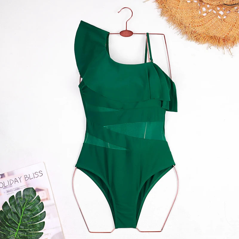 2025 Women's Ruffled One Piece Swimsuit Femme One Shoulder Backless Bathing Suit Sexy Monokini Beachwear Female Bodysuit