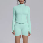 Women's Seamless Yoga Sets Sports Fitness Gym Zipper Long-Sleeve Jacket Hip Lift High-Waist Shorts Suits Workout Training Sets