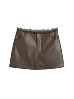 Lace Splicing Sexy Spicy Girl PU Leather Skirt Female Autumn Short Skirt Fashion Sexy Skirts Mini Sweet Fashion Women TT2P