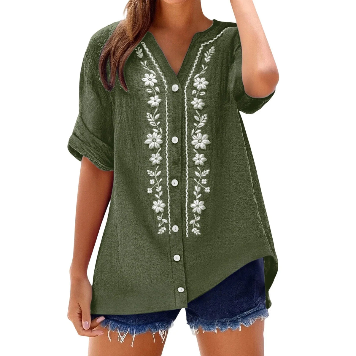 Womens V Neck Embroidered Linen Tunic Shirt Roll Up Sleeve Button Down Loose Fit Casual Boho Blouse Vintage Summer Beach Shirts