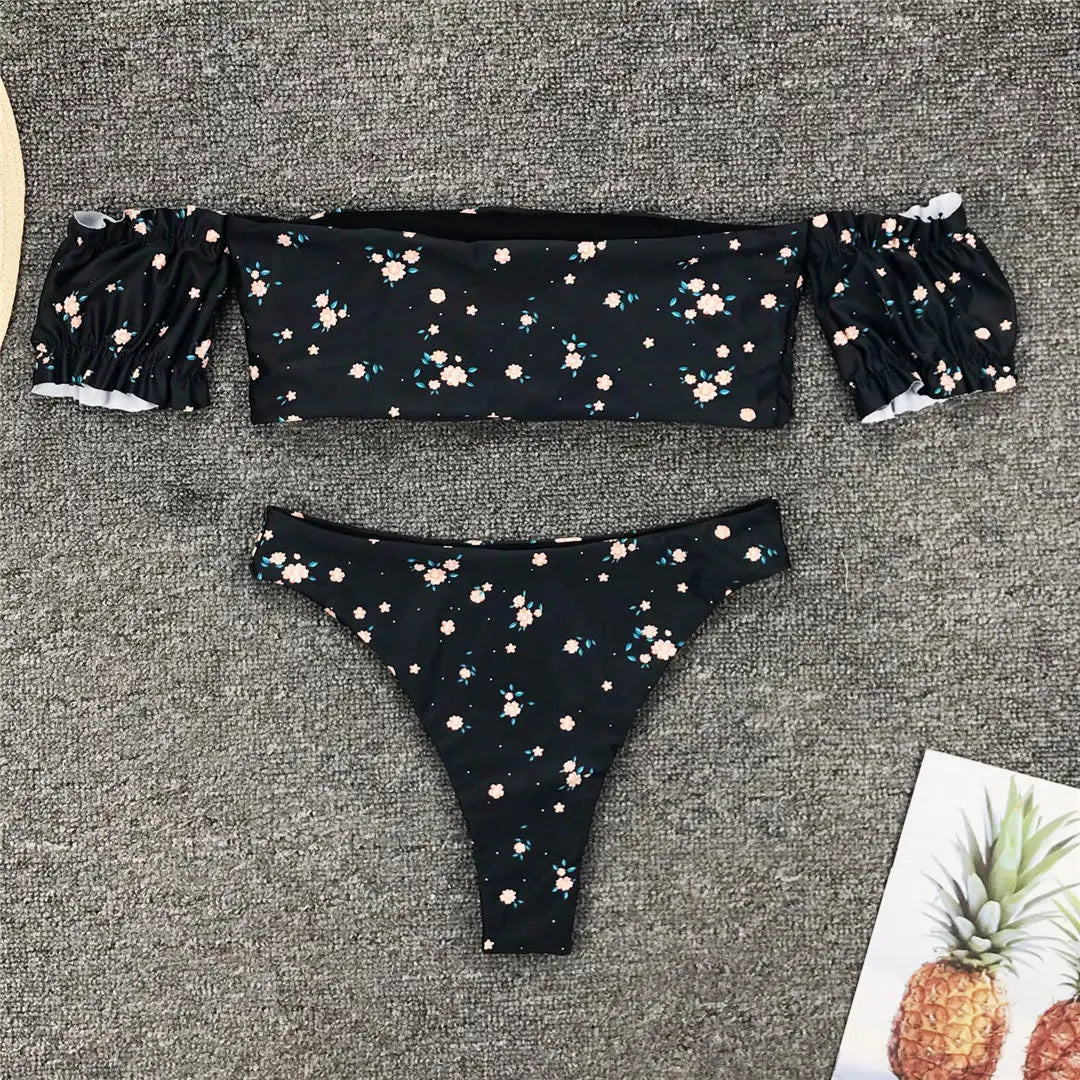 2026 Floral Off Shoulder Bikini Female Swimsuit Women Swimwear Two-Pieces Bikini Set Mid Waist Bather Bathing Suit Swim V1671