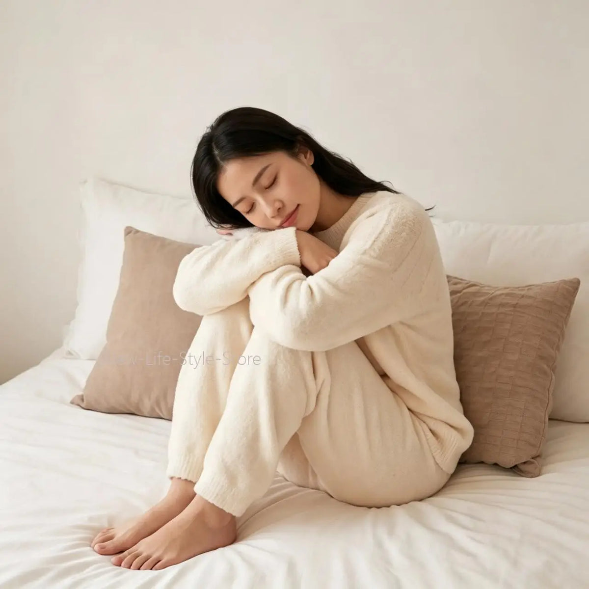 Autumn Winter Embossed Raglan Sleeve Pullover Cuffed Pants Ladies Homewear Sleepwear Women Solid Color Soft Pajama Set