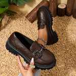 Women Metal Buckle Platform Loafer Shoes Slip On Chunky Lug Sole Round Toe Vintage Preppy Casual Dress Shoes