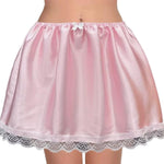 Women Summer Satin A-Line Short Skirt Lace Trim Solid Color Bow Puffy Drape Elastic Waistband Mini Skirts
