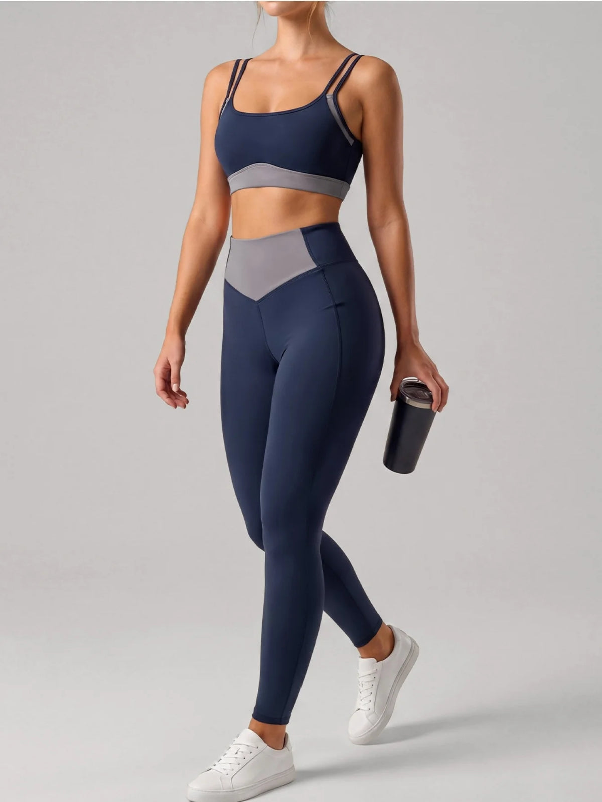 Summer Color-block Yoga Sets Women Thin Strap Open Back Shockproof Sports Bra Tight High Waist Leggings Training Fitness Suits
