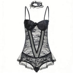 Women's Floral Lace Babydoll Lingerie Set Sheer Mesh Chemise Nightwear with Choker Adjustable Straps Soft Fabric Nightwear