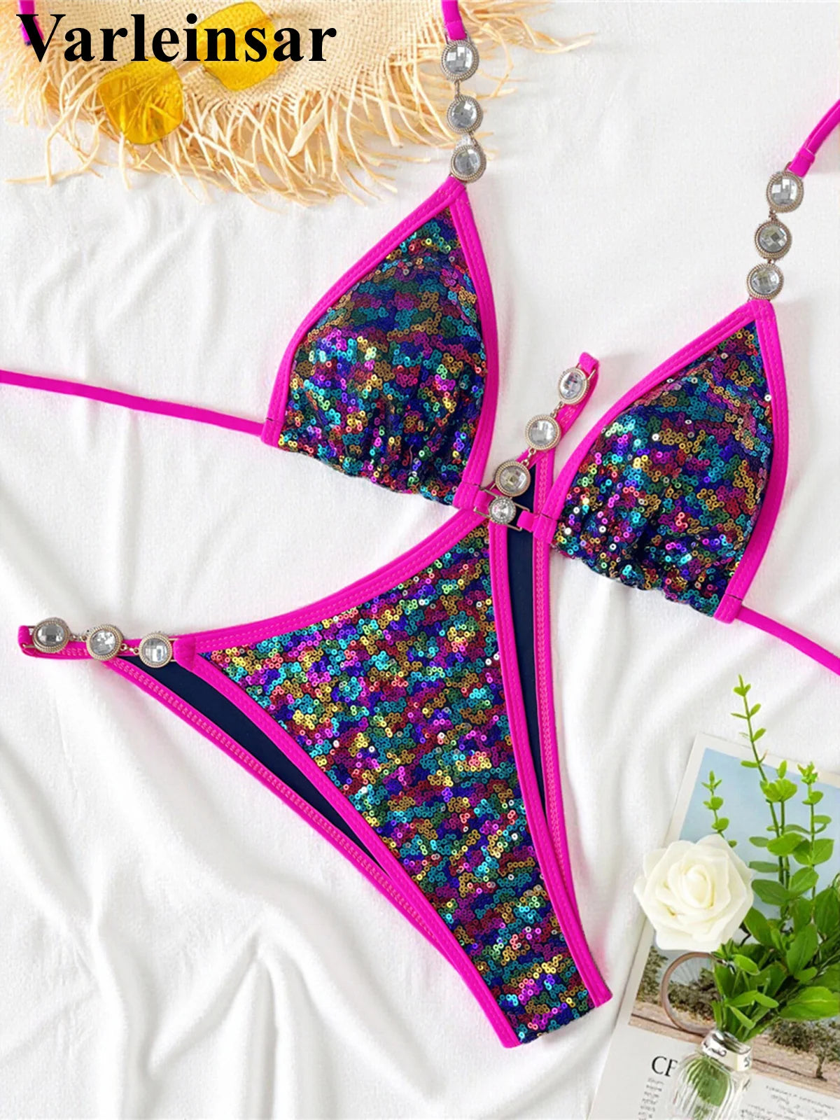 S - XL New Sequins Rhinestones Halter Bikini Female Swimsuit Women Swimwear Two-Pieces Bikini Set Bather Bathing Suit Swim V8359
