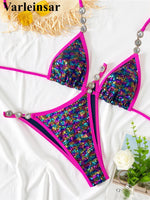 S - XL New Sequins Rhinestones Halter Bikini Female Swimsuit Women Swimwear Two-Pieces Bikini Set Bather Bathing Suit Swim V8359