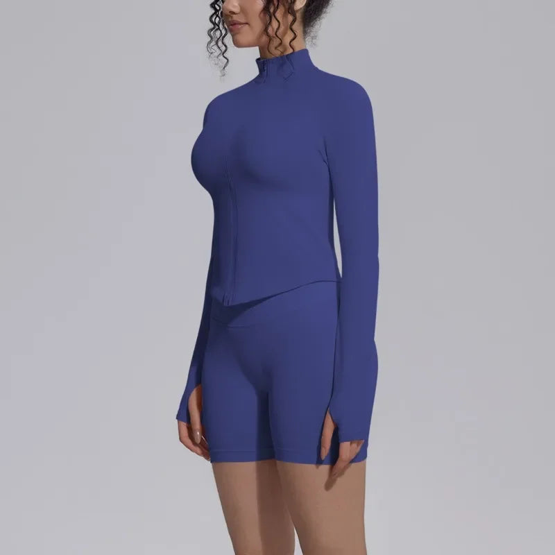 Women's Seamless Yoga Sets Sports Fitness Gym Zipper Long-Sleeve Jacket Hip Lift High-Waist Shorts Suits Workout Training Sets