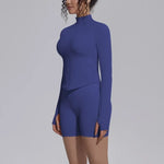 Women's Seamless Yoga Sets Sports Fitness Gym Zipper Long-Sleeve Jacket Hip Lift High-Waist Shorts Suits Workout Training Sets