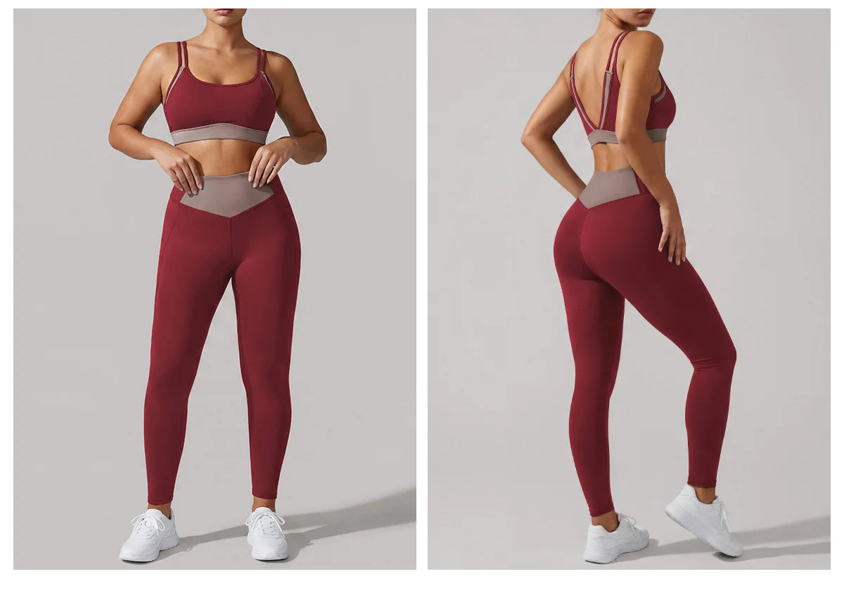 Summer Color-block Yoga Sets Women Thin Strap Open Back Shockproof Sports Bra Tight High Waist Leggings Training Fitness Suits