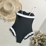 Ruffled Frilled Splicing One Piece Swimsuit Women Swimwear Female Monokini High Leg Cut Padded Bather Bathing Suit Swim V7414