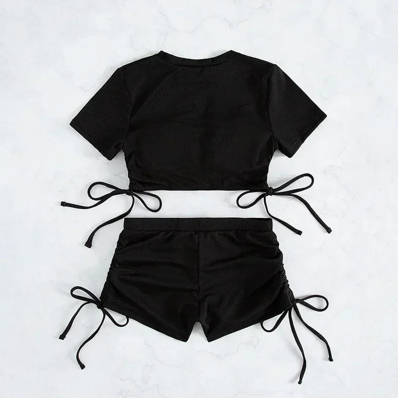 Crop Top Shorts Bottom Swimsuits Women Black Drawstring Swimwear Ribbed Bikinis Sets Bathing Suit Beach Wear Bikini Mujer 2026