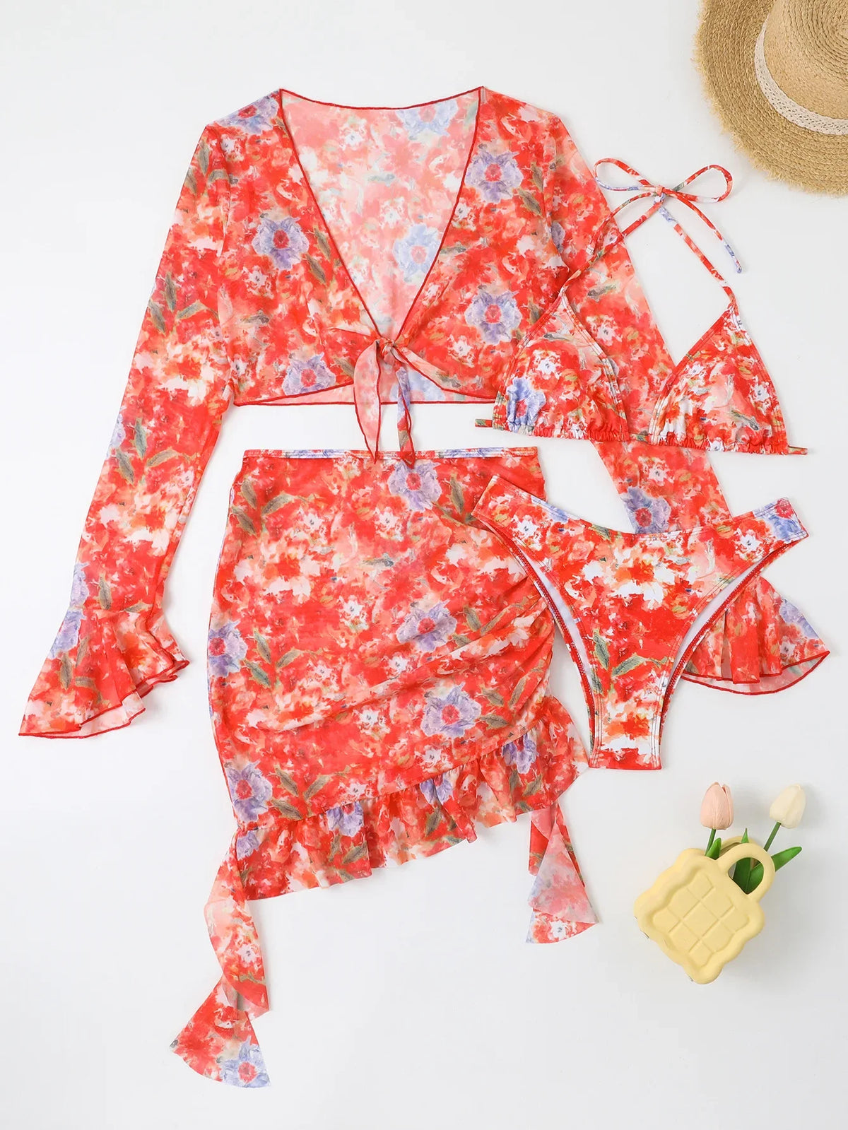 Sexy Floral Print Ruffle Bikini 2026 Women 4 Pack Swimsuit Brazilian Swimwear Female Beachwear Thong Bathing Suit Beach Cover-Up