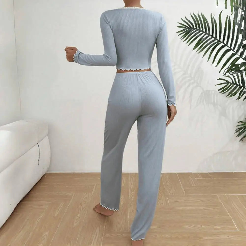 Womens Lace Trim Ribbed Knit Pajamas Set Long Sleeve Crop Top Wide Leg Pants Lounge Set 2 Piece Sleepwear