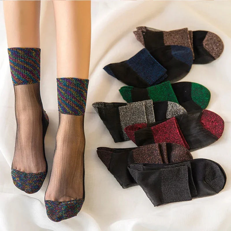 Summer Mesh Hosiery Sock Fashion Lace Short Socks Japanese Style Crystal Glass Socks for Women Sexy Middle Tube Socks