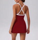 Color Contrast Tennis Dresses Women Beautiful Back Hollow Back Cross Split Skirt Pocket Sports Fitness One-piece Yoga Golf Suit