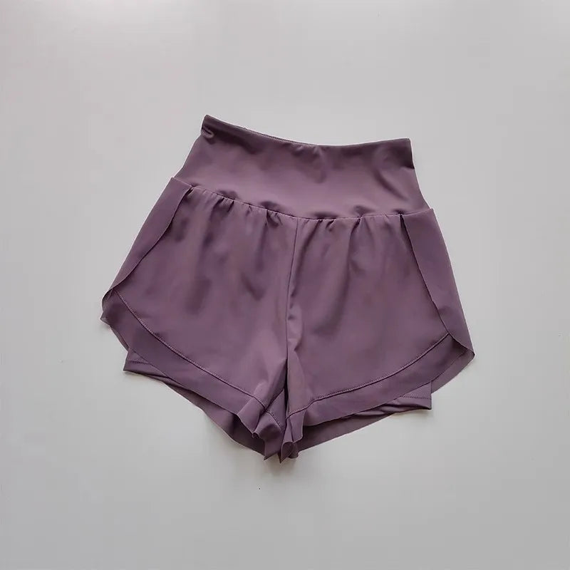 Women's yoga shorts, summer mesh fake two-piece quick drying anti glare fitness high waisted yoga pants