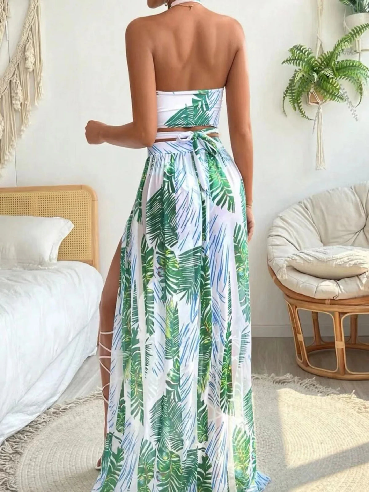 2024 Halter Criss Cross Bikini Tropical Print Swimsuit & Beach Dress 3 Piece Sexy Swimwear Women Bathing Suit Beachwear Summer