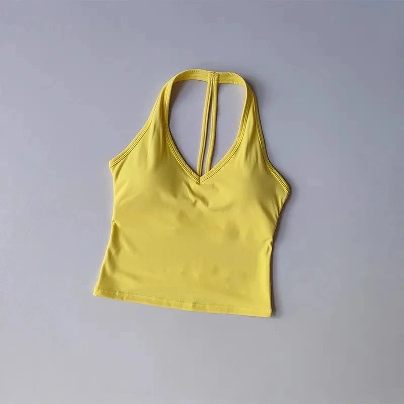 Women's Sexy V-Neck Fitness Bra Nude Sports Bra Hanging Neck Yoga Suit Vest Comfortable Breathable Gym Top for Active Wear