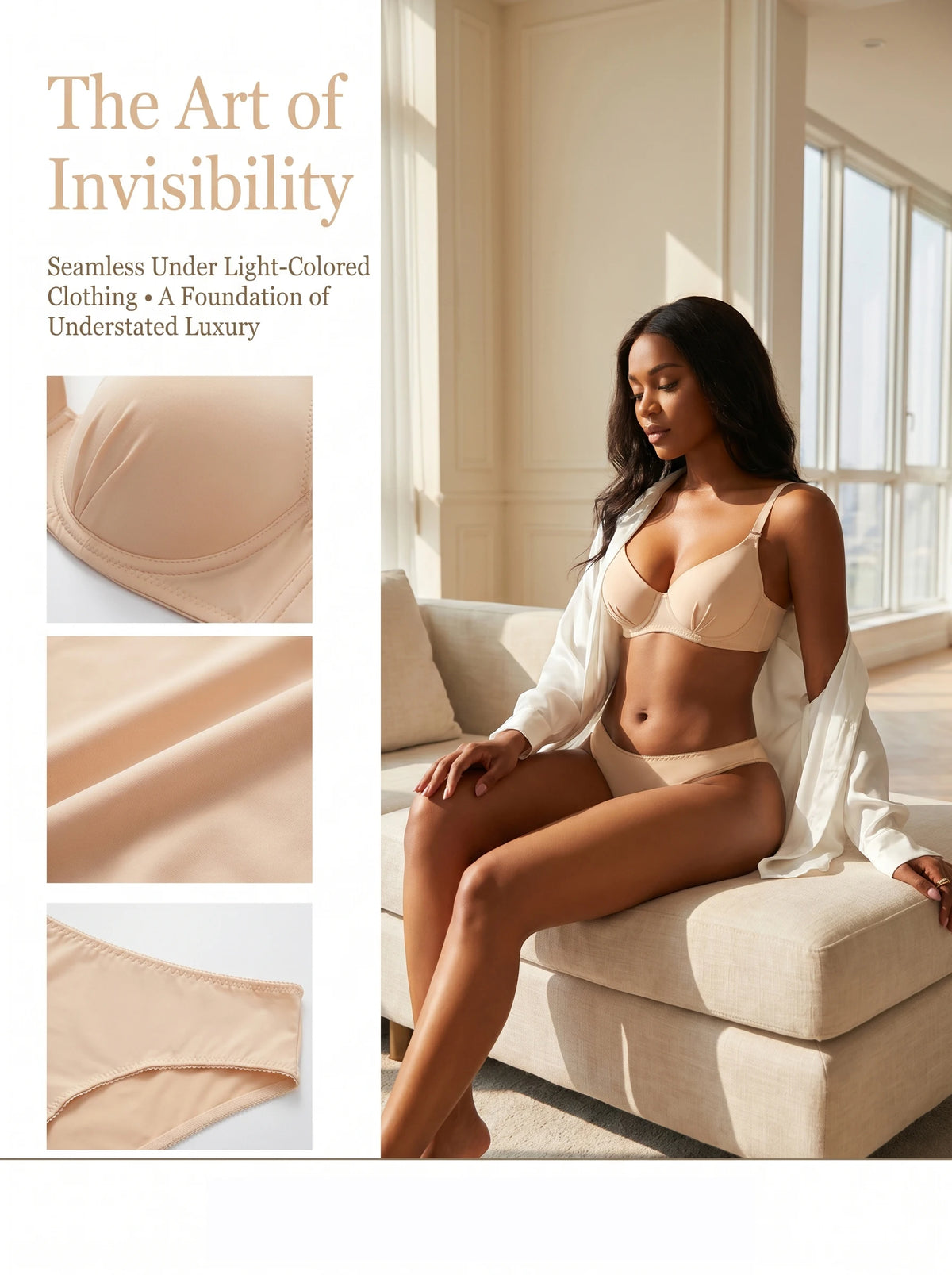 Women Nude Bra Set Invisible Underwire 3/4 Cup Sexy Lace 2 Piece Lingerie Bra and Panties B2807