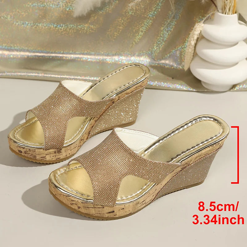 Gold Silver Crystal Wedges Sandals Women Fashion Plus Size 43 Chunky Heels Slippers Woman 2026 Summer Peep Toe Platform Sandles