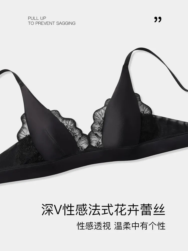 Sexy Summer Bra Sin Aros, French Lingerie Encaje Triangulo Pecho Pequeño, Bralette Suave Puro Deseo Saten MOYISU 32-38-S-XL AB