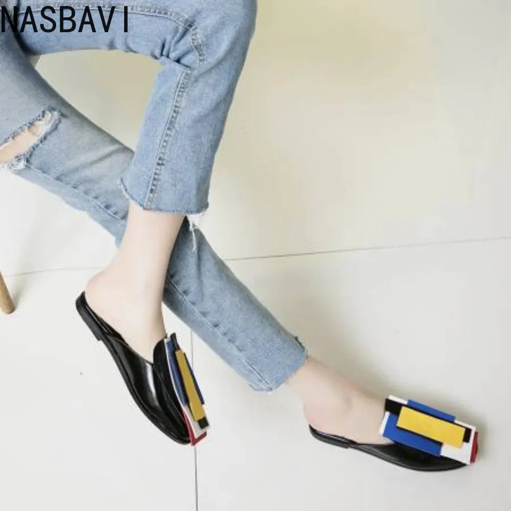 Summer Women Slipper High Block Heels Mules Party Club Ladies Mixed Color White Outdoor Slip-on Square Toe Shoes