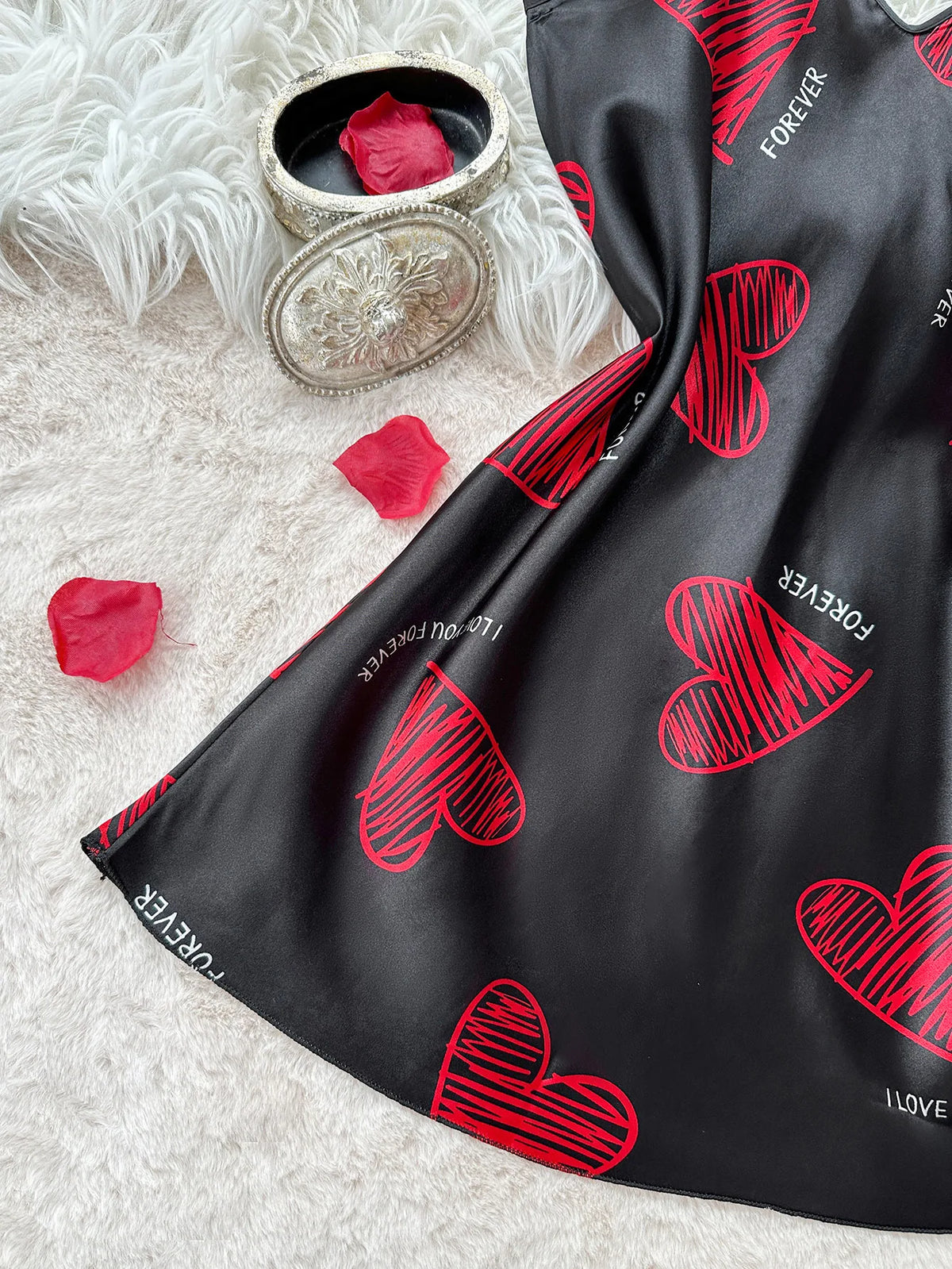Valentine's Day Red Lip Print Satin Slip Nightdress V Neck Backless Mini Sleep DressWomen's Sleepwear Dresses
