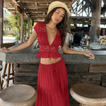 FDYOUI Sexy V-neck Lace Patchwork T-shirt Tops+Long Skirt 2 Piece Set Women's Summer Green Holiday Party Dress Suit Streetwear
