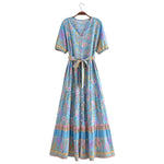 Foridol Single Breasted Bohemian Holiday Summer Women Dress Belt Casual Loose Maxi Floral Dress Short Sleeve Long Viscose Dress
