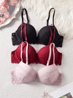 3Pcs-5Pcs Women's Bra with Patterned Engraved Cups, Sexy Lace Minimizer Bra, Underwire Push-Up Fashionable Women's Intimate Underwear