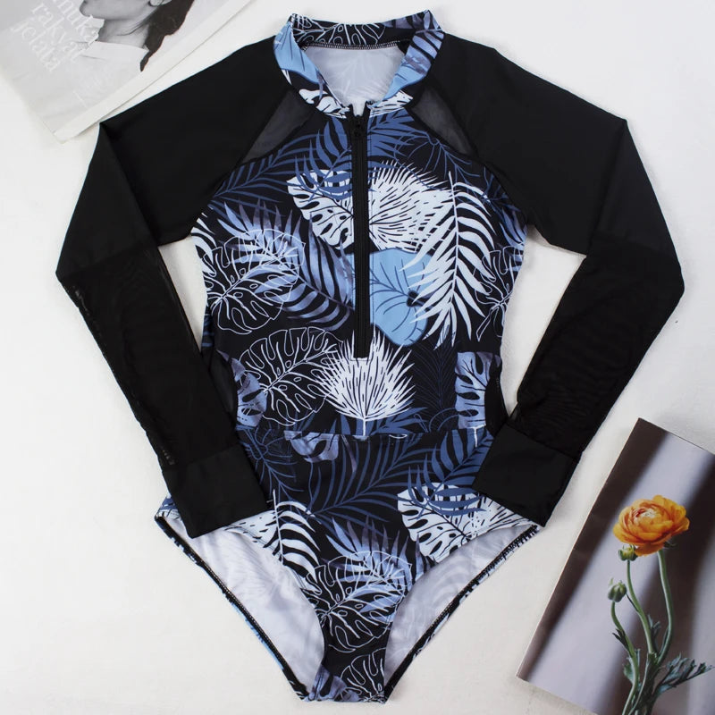 Sports Women's Rashguard Long Sleeves One Piece Swimsuit 2026 Sexy Floral Swimwear Printed Monokini Surf Bathing Suit Bodysuit