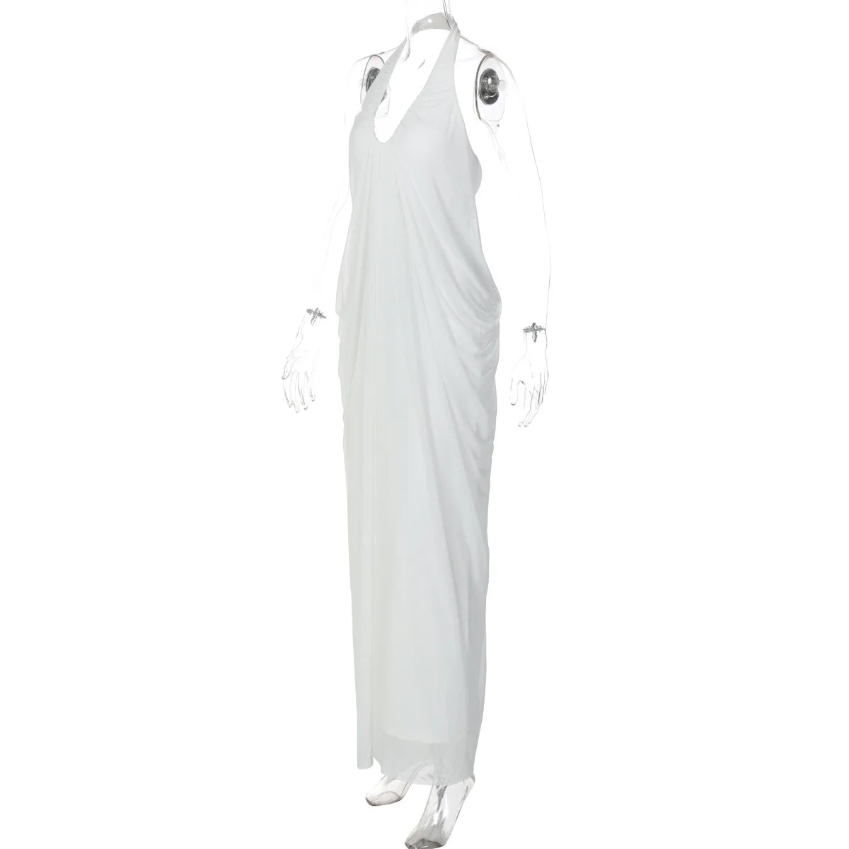 FDYOUI 2026 Summer Backless Ruched White Long Maxi Dress for Woman Elegant Sexy Halter Sleeveless Loose Evening Party Dresses
