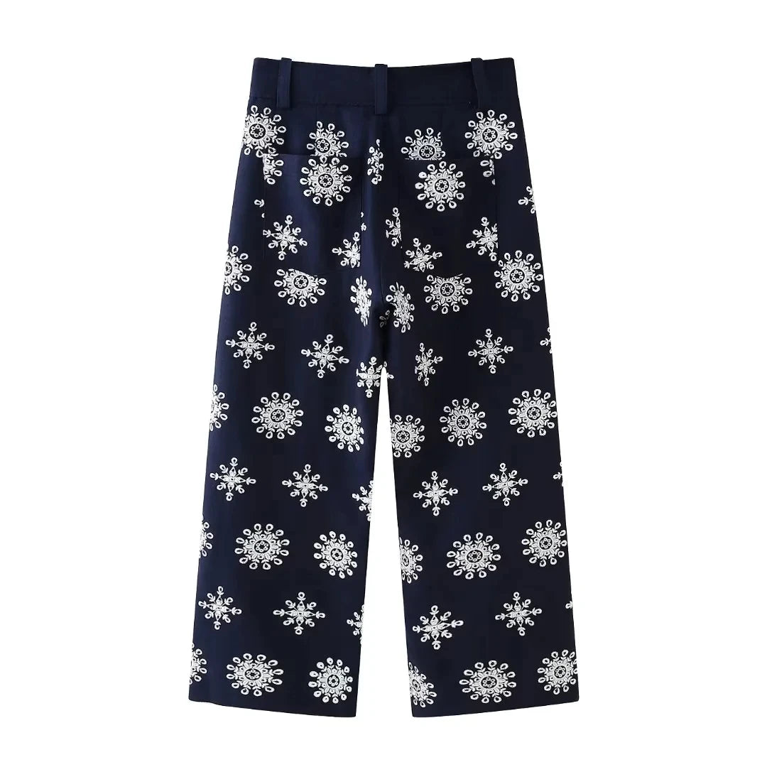 Foridol Floral Embroidery Cropped Pants Women Summer Casual Zip Navy Blue Fashion Female Pants Pantalones 2025 Mujer