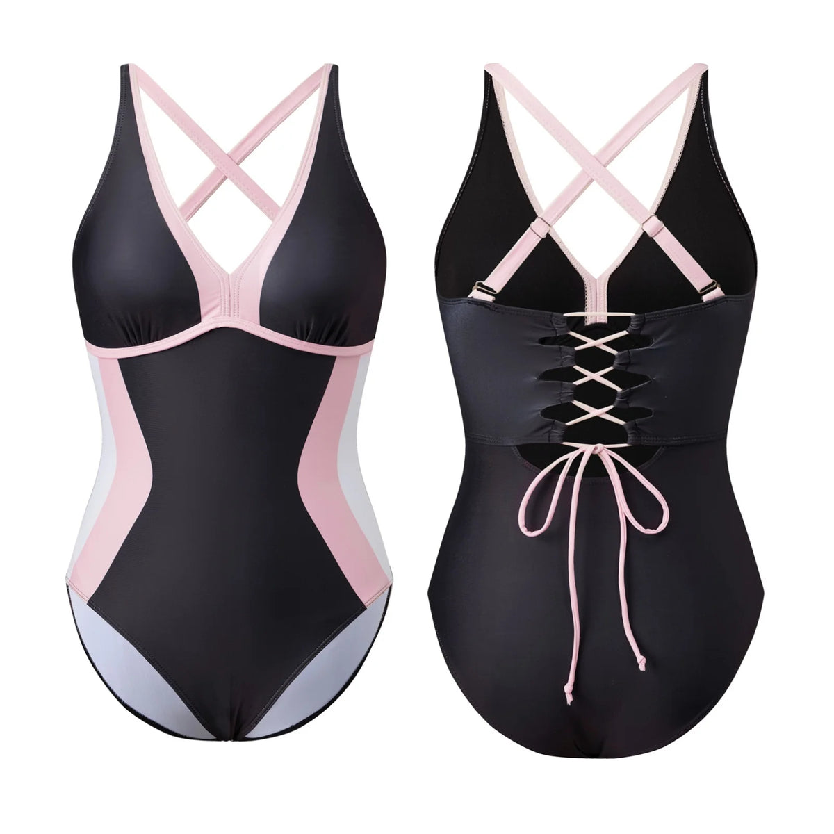 Women Bikini Contrast Color Monokini Swimsuit V-Neck Tie Back Sleeveless Bodysuit Swimwear for Beachwear Bathing Suits
