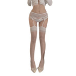 Women's Suspender Tights Sheer Lace Stockings Crotchless Pantyhose with Garter Belt