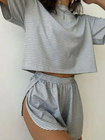 Summer Striped 2pcs Pajama Set for Women Short Sleeve Crop Top Elastic Waist Shorts Soft Loungewear Home Sleepwear