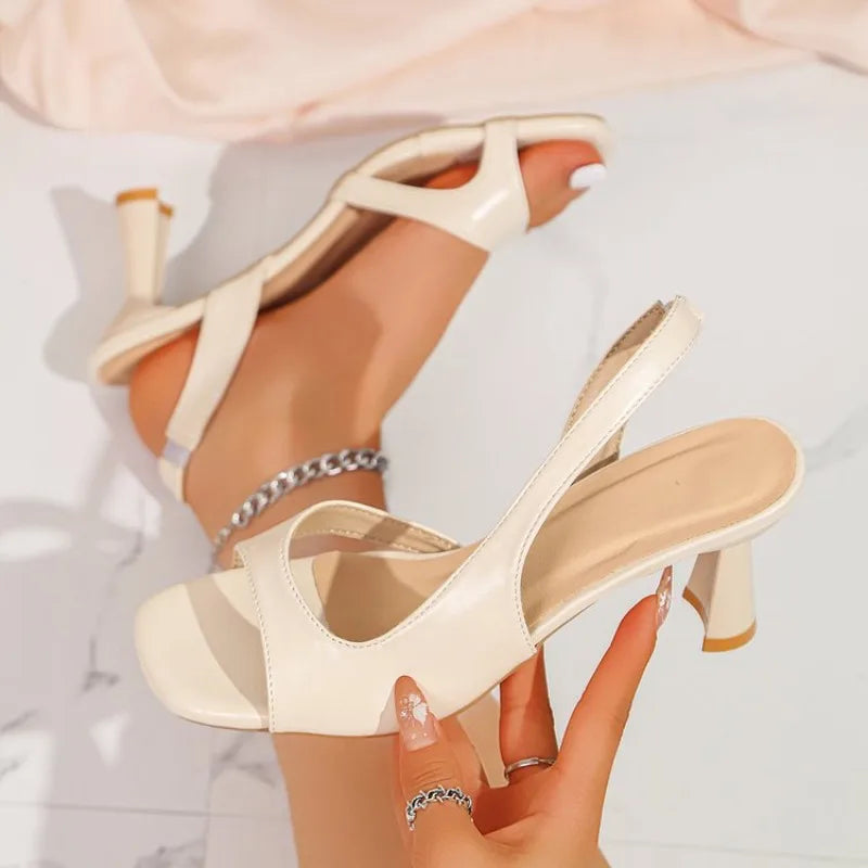 Women's Simple Square Toe Shallow Mouth Temperament One Strap Anti-slip Wear-resistant Stiletto High Heels Open