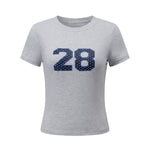 Summer Women Number Letter Print T-shirt Crew Neck Short Sleeve Slim Basic Tee Tops Fitness Sporty Casual Cropped Shirts