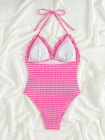 Vintage Hot Pink Plaid One Piece Swimsuit 2026 Women Halter Lace Trim V Neck Tummy Control Swimwear Beach Bathing Suit Monokini